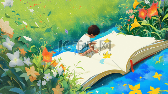 草地池塘边看书的小男孩插画2