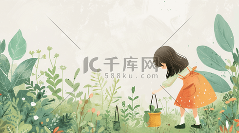 春天森林公园里小姑娘种花浇水的的插画11