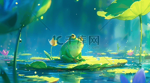 池塘石头上站着的青蛙插画6