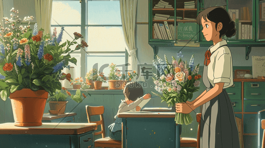 现代学校课堂里女孩整理花束的插画7