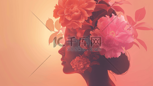 朦胧美丽女性侧面戴花朵的插画1