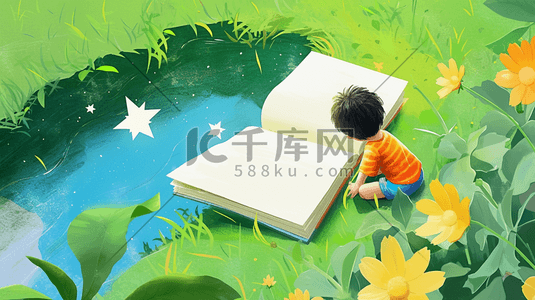 草地池塘边看书的小男孩插画4