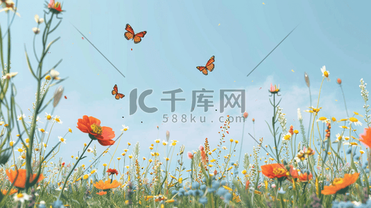 花丛中飞舞的蝴蝶插画0