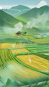 春天田地插画图片_春天绿色农耕田地梯田风景插画