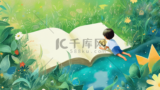 学习插画图片_草地池塘边看书的小男孩插画8