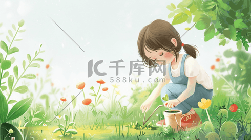 春天森林公园里小姑娘种花浇水的的插画3