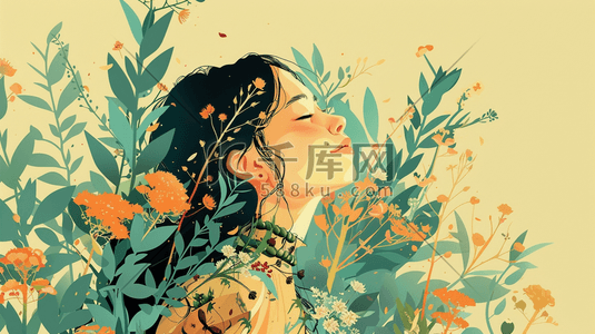 春季花丛中美女插画