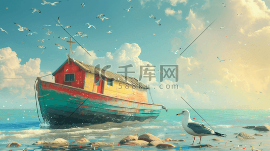 彩色手绘海上船只海鸥的插画3