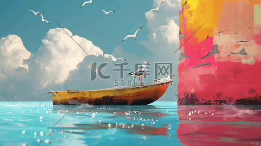 彩色手绘海上船只海鸥的插画2