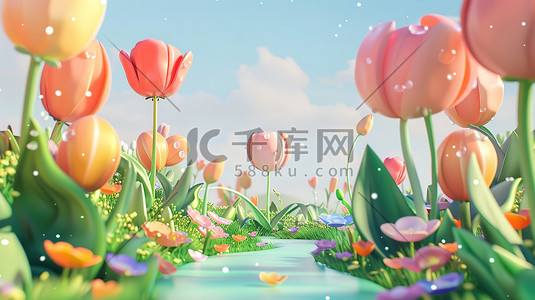3D卡通春季花朵郁金香图片