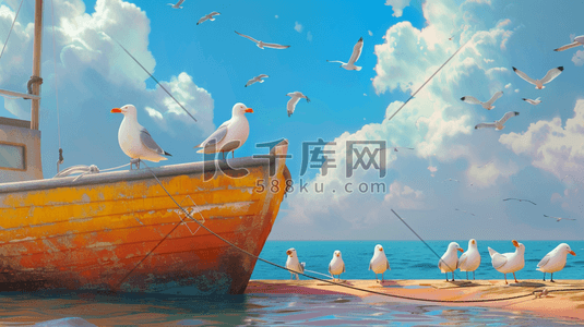 彩色手绘海上船只海鸥的插画4