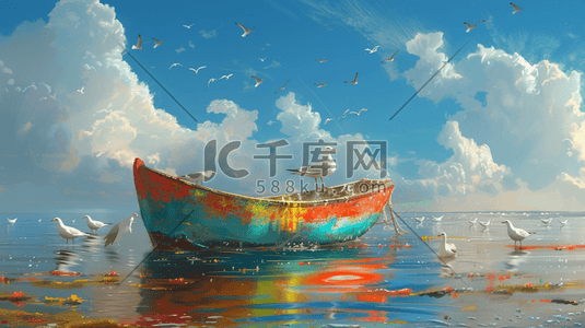 彩色手绘海上船只海鸥的插画1