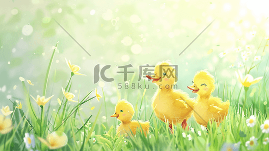 春天里户外小鸭子在草坪上开心的插画17