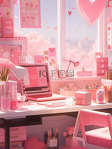 精致粉色插画图片_粉色精致的书桌书房插画