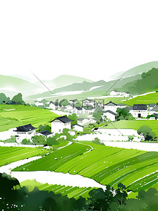 春天的水墨画插画图片_春天的绿色村庄和田野插画图片