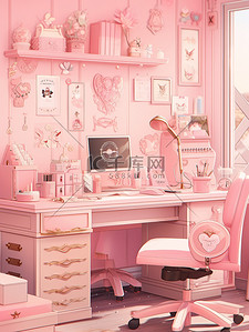 精致粉色插画图片_粉色精致的书桌书房插画设计