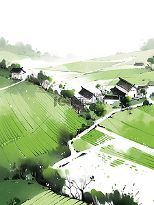 春天的绿色村庄和田野矢量插画
