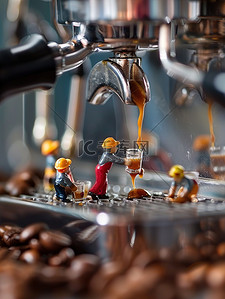 咖啡咖啡机插画图片_微型小人物在咖啡机上工作图片