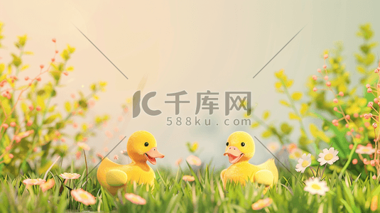 春天里户外小鸭子在草坪上开心的插画2