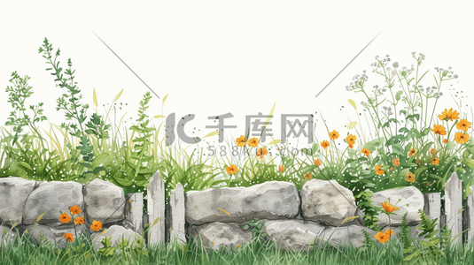 简约春天石头围栏上花朵草坪的插画2