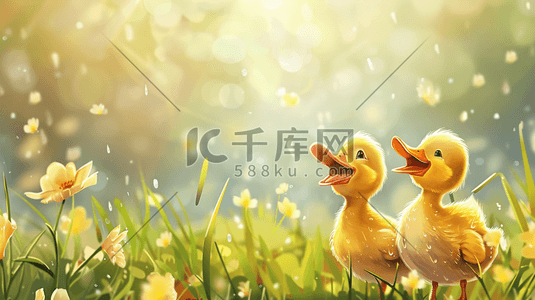黄色的光芒插画图片_春天里户外小鸭子在草坪上开心的插画10