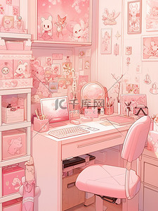 精致粉色插画图片_粉色精致的书桌书房插画设计