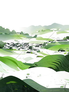 春天的水墨画插画图片_春天的绿色村庄和田野插画海报