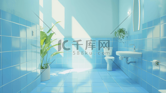 洗漱睡觉插画图片_蓝色简约干净浴室场景的插画3