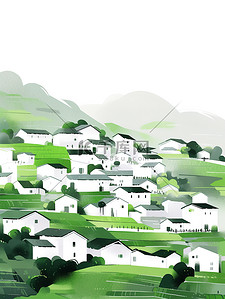 春天的水墨画插画图片_春天的绿色村庄和田野插画素材