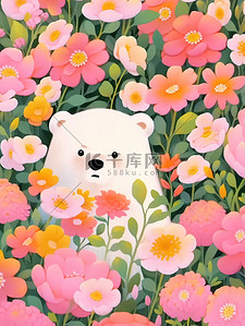 可爱的小白熊躲在花丛中插画