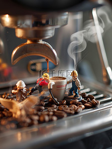 淘宝咖啡机插画图片_微型小人物在咖啡机上工作插图