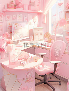 粉色精致插画图片_粉色精致的书桌书房插画海报