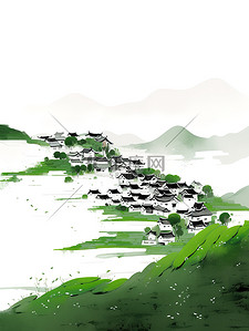 春天的水墨画插画图片_春天的绿色村庄和田野插画设计