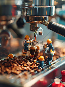 淘宝咖啡机插画图片_微型小人物在咖啡机上工作插画图片