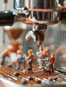 微型小人物在咖啡机上工作插画