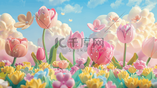 春天立体户外花朵开放的插画9