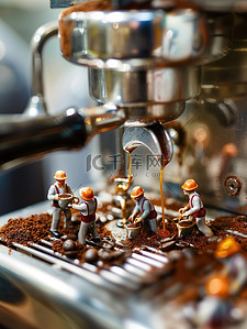 淘宝咖啡机插画图片_微型小人物在咖啡机上工作原创插画