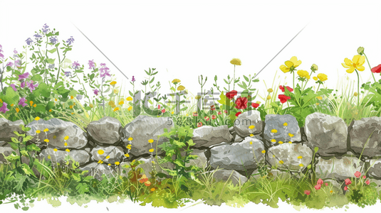 春天清新小花插画图片_简约春天石头围栏上花朵草坪的插画5