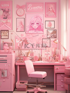 粉色精致的书桌书房插画素材