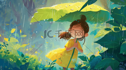 手绘艺术彩色森林雨季女孩打伞的插画8