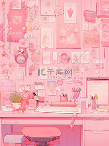 精致粉色插画图片_粉色精致的书桌书房原创插画