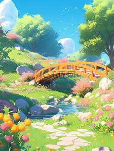 春天小桥和山的动漫景观插画设计