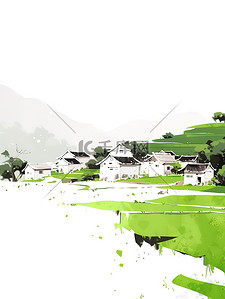 春天的水墨画插画图片_春天的绿色村庄和田野插画设计