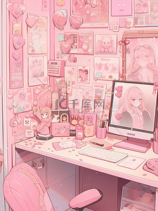 精致粉色插画图片_粉色精致的书桌书房素材