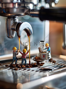 微型小人物在咖啡机上工作图片