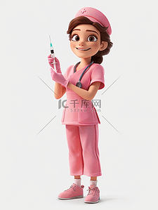 穿粉色护士装手拿注射器的插画1