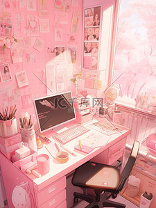 精致粉色插画图片_粉色精致的书桌书房插画图片