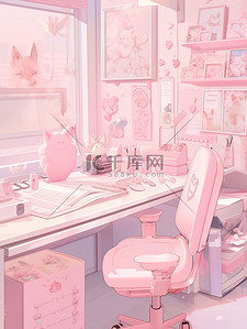 粉色精致的书桌书房插画图片