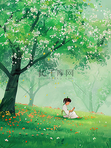 春天孩子坐在树下看书插画设计
