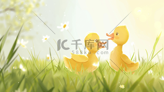 黄色的光芒插画图片_春天里户外小鸭子在草坪上开心的插画16